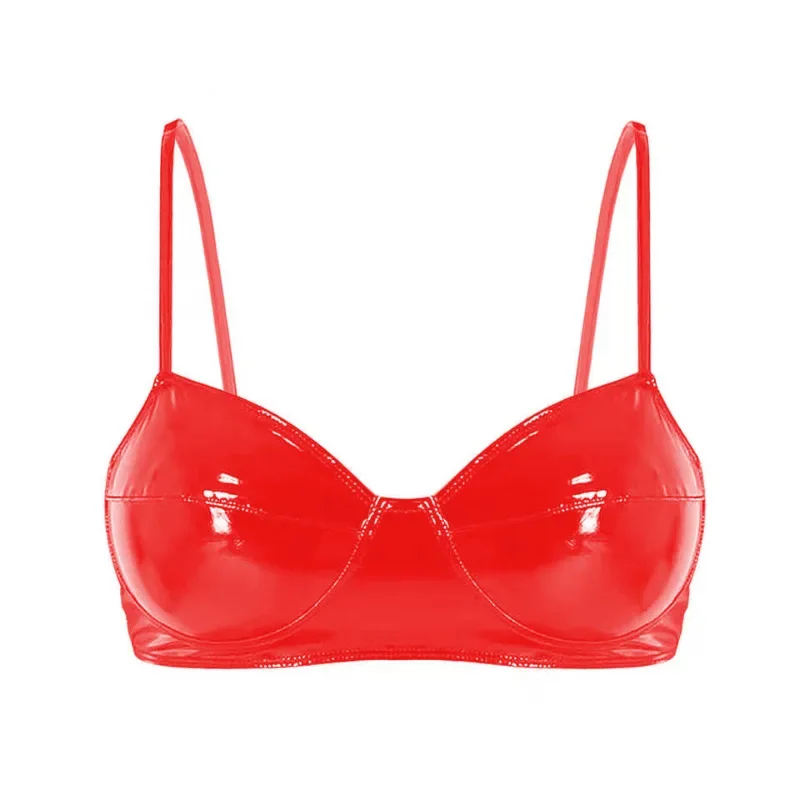 Womens Wet Look PVC Leather Bra Tops Wire-Free Unlined Bralette Lingerie Female Hot Porn Latex Bra Underwear For Punk Dance Club