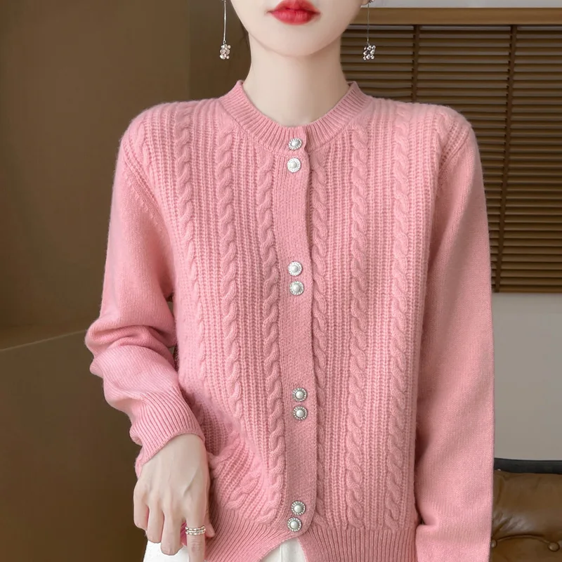 

New 100% merino cashmere sweater in autumn and winter women's O-neck solid color Pearl button cardigan loose knit casual coat