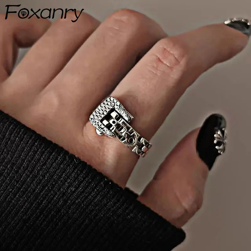 Foxanry New Fashion Sparkling Zircons Engagement Rings for Women Korean Creative Elegant Belt Buckle Geometric Party Jewelry