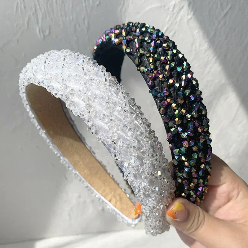 Exquisite Women Baroque Wide Rhinestone Headband Handmade Beaded Colorful Crystal Sponge Headband Vintage Girls Wedding Party