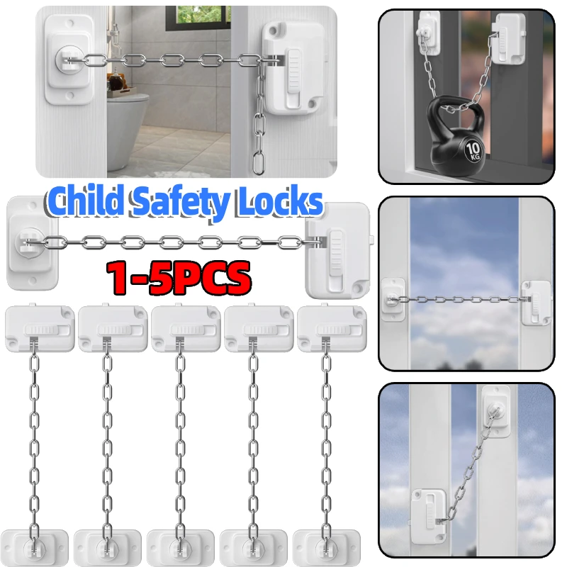 1-5pcs Window Frame Safety Chain Lock Self Adhesive Window Restrictor Child Safety Locks for Wooden Sliding Limit Stop Lock