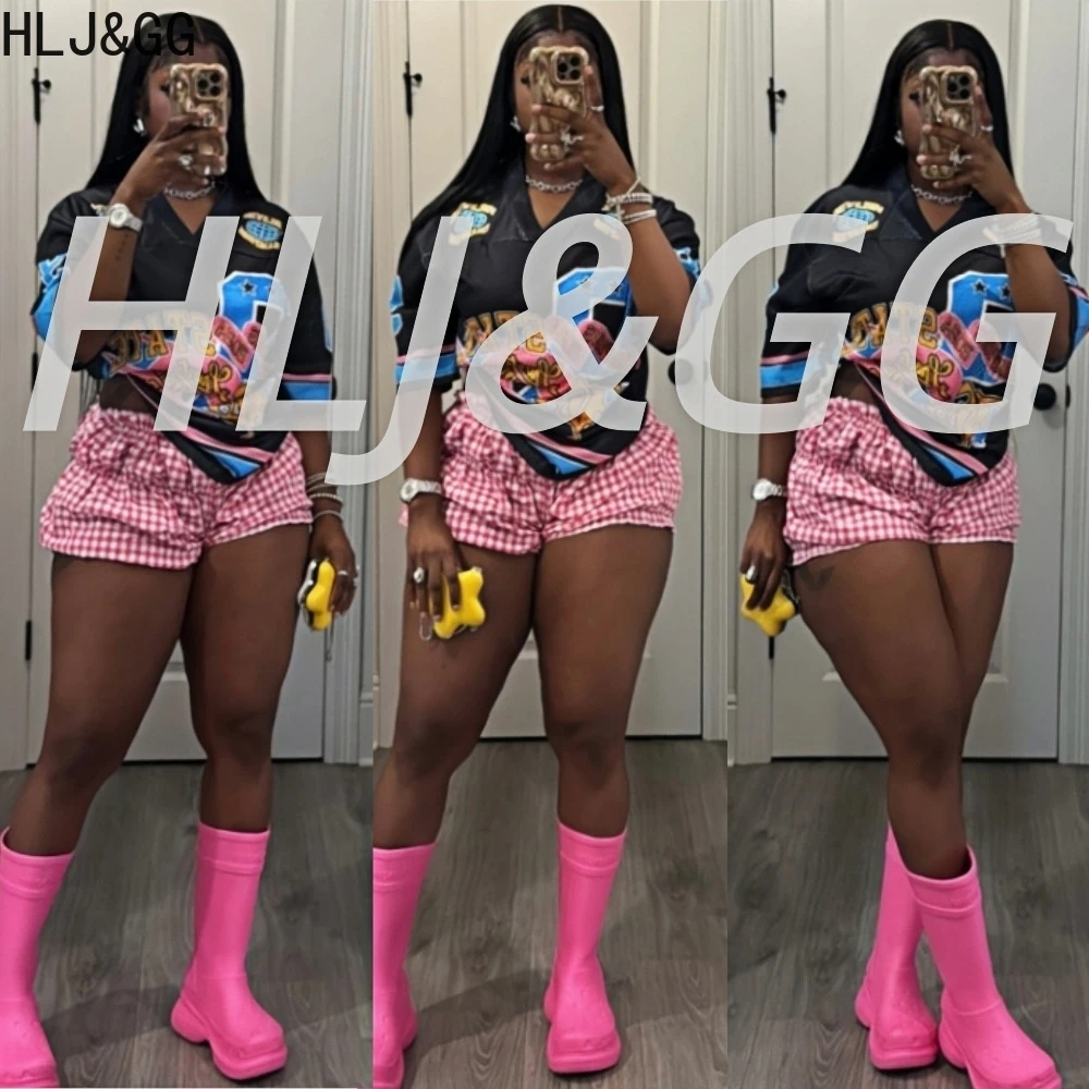 

HLJ&GG Fashion Trend Letter Printing Loose Tshirts Two Piece Sets Women V Neck Top And Ruched Plaid Shorts Outfits Y2K Pullover