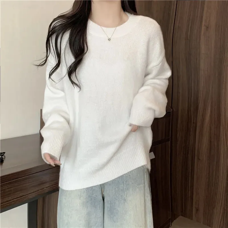 Casual White Knitted Sweaters Women Autumn Basic Long Sleeve O-neck Sweater Woman Chic Striped Solid Color Turtlneck Pullovers