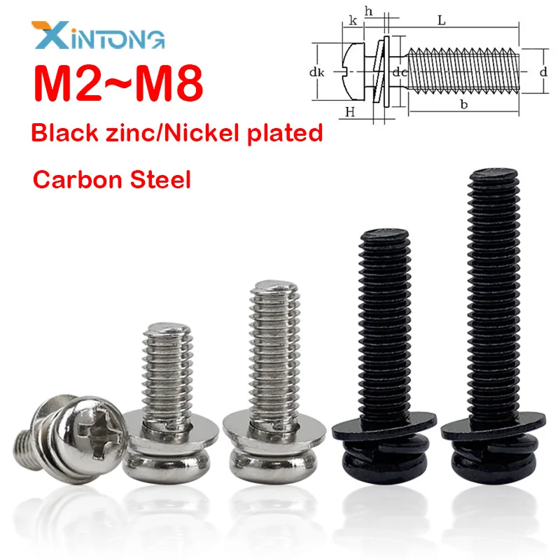 Black/Nickel-Plated Carbon Steel M2~M8 Round Head Phillips Machine Screw with Washer/spring Three Combination Machine sems screw