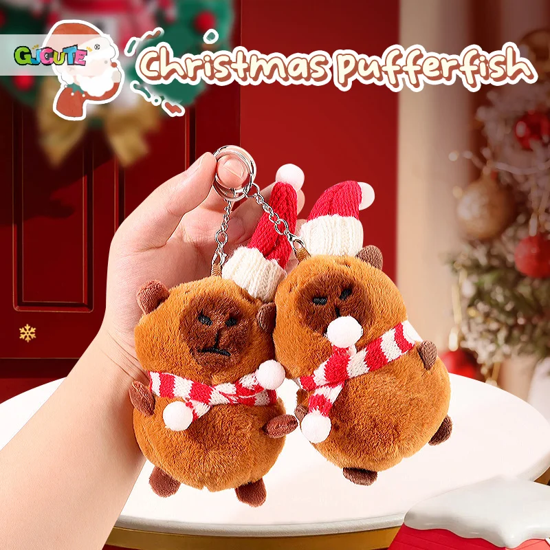 1Pcs Kawaii Christmas Capybara Plush Keychain Cartoon Stuffed Doll Pendant Backpack Hanging Decoration Car Key Charms Xmas Gifts