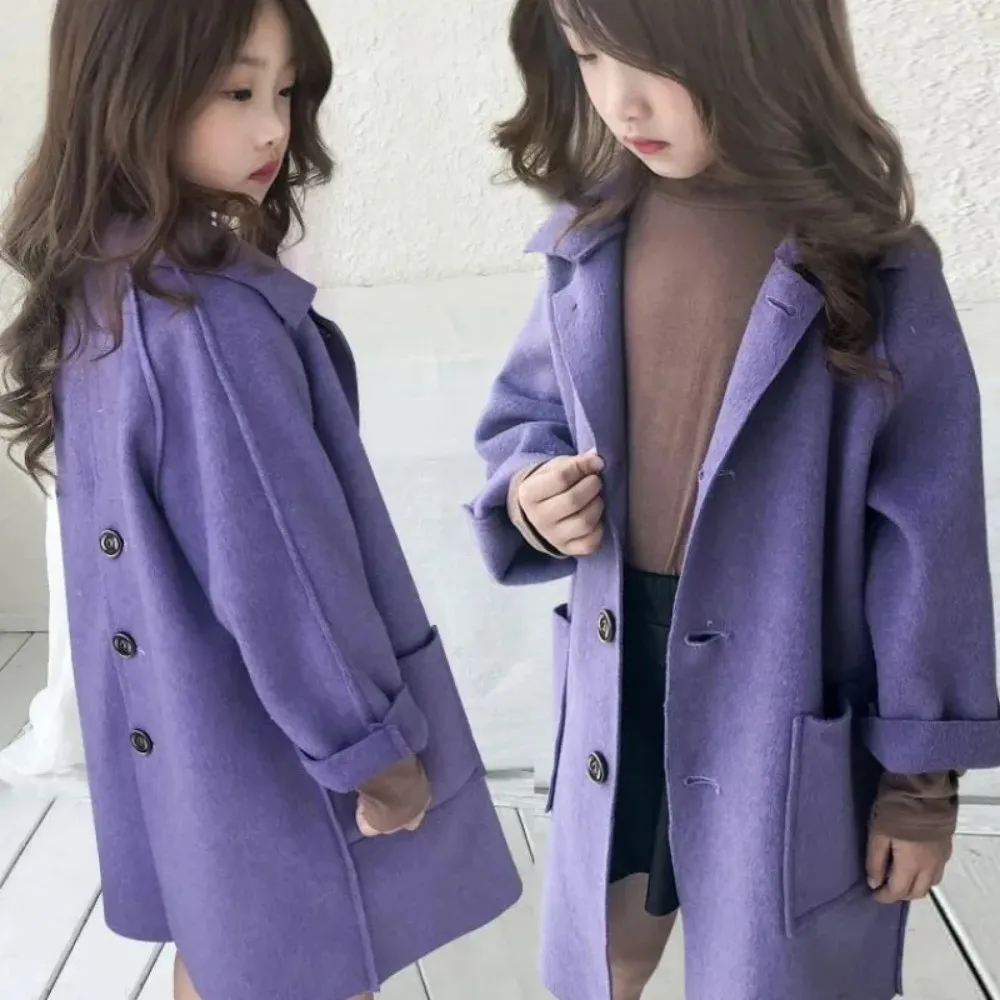 Girls Warm Woolen Coat Winter Girls Thicken Tweed Outerwear Big Kids Long Overcoat Autumn Fashion Loose Fitting Jackets