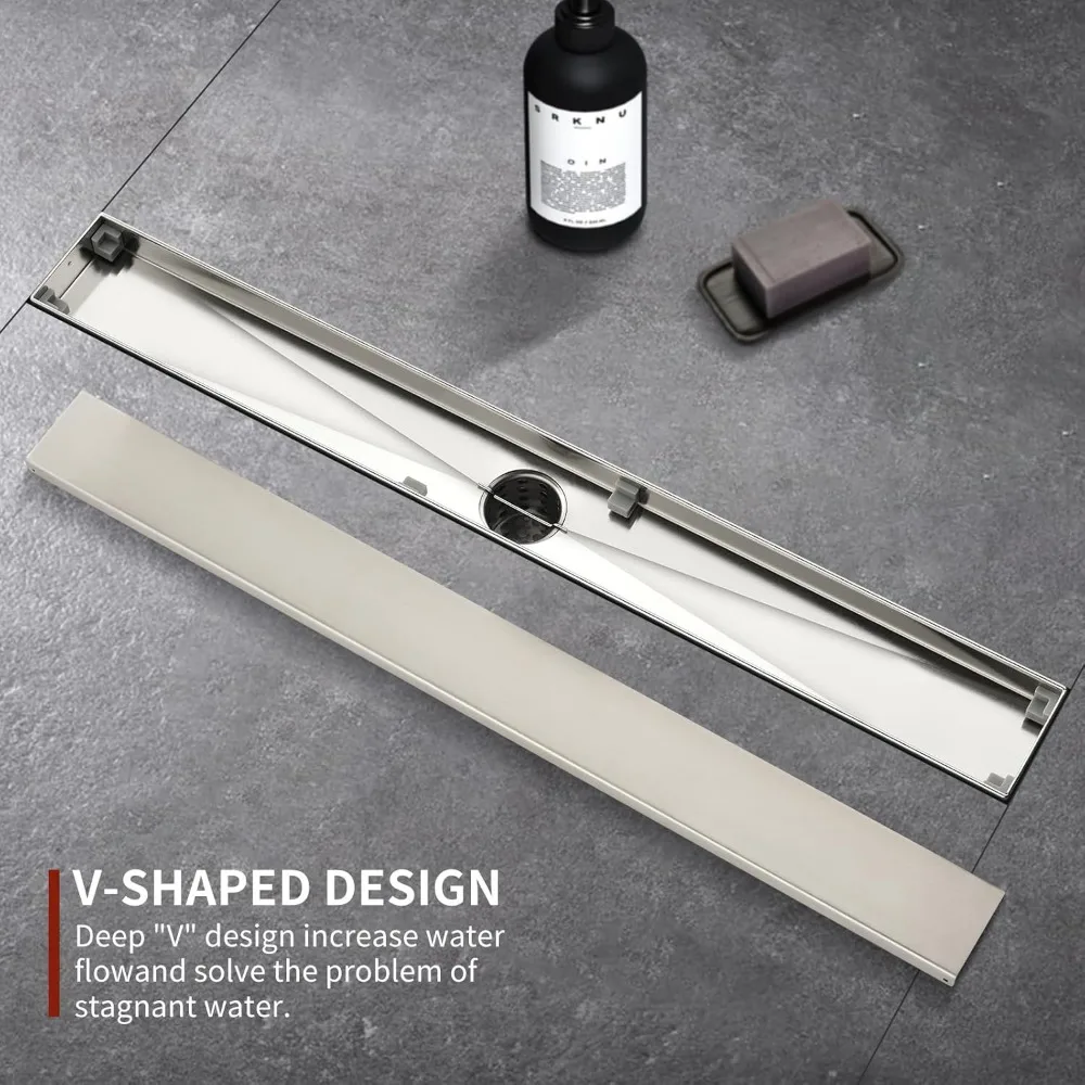 Desagüe de ducha rectangular de acero inoxidable, 32 pulgadas, acabado cepillado, cubierta con patrón de azulejo Reversible, diseño lineal para suelo de ducha