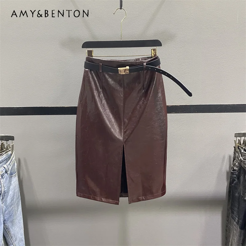 

Vintage Design Slit PU Leather Half Skirt for Women 2025 Autumn New Elegant High Waist Slimming Bodycon Mid-Length Skirts Ladies