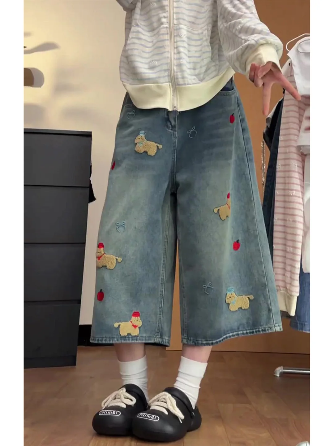 

Retro Dopaamine Cartoon Dog Embroidery Thin Denim Pants Women's Summer New Loose Straight Leg Jeans High Waist Wide Leg Pants