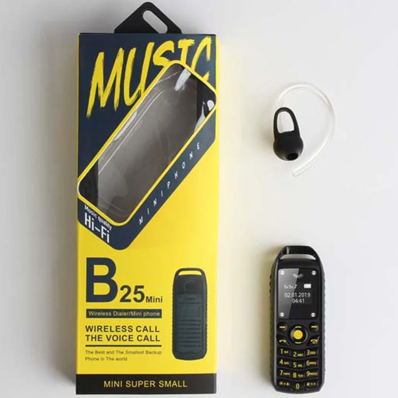 هاتف محمول صغير B25 بدون استخدام اليدين مزود بتقنية البلوتوث سماعة أذن مشغل موسيقى Mp3 يدعم بطاقات Sim المزدوجة مع شبكة 2G