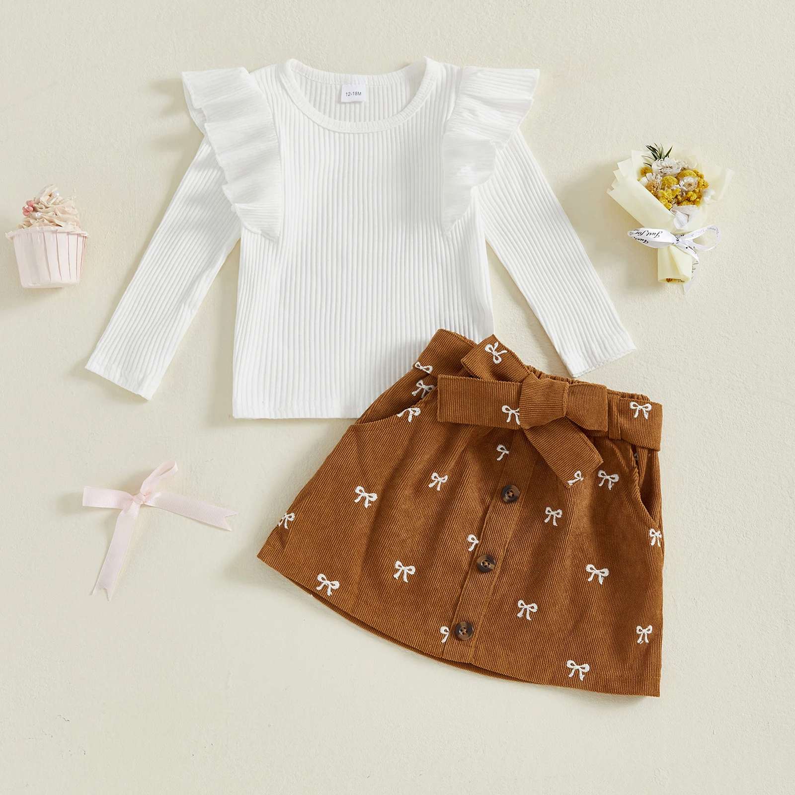 

Модный комплект для девочек: 2 предмета, юбка и блузка с длинным рукавом, хлопковая, с рюшами, с галстуком-бабочкой, осенний наряд для малышей