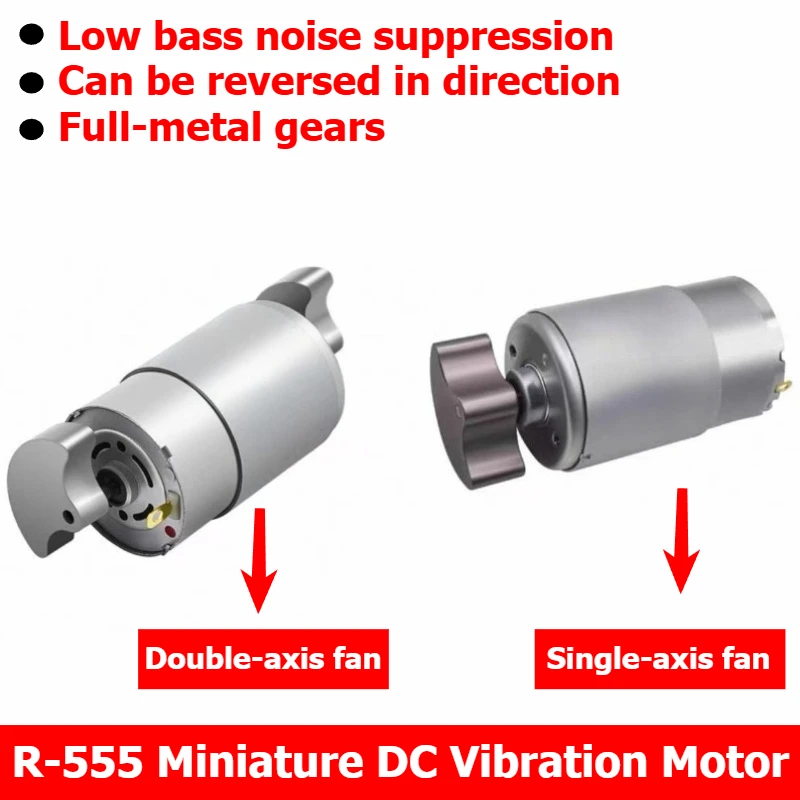 R-555 Single-Axis and Dual-Axis Micro DC Vibration Motor with Reversible Rotation and Adjustable Speed.