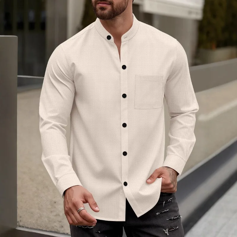 

Solid Color Cardigan Breasted Stand Collar Long Sleeve Shirt Casual Top for Spring and Autumn
