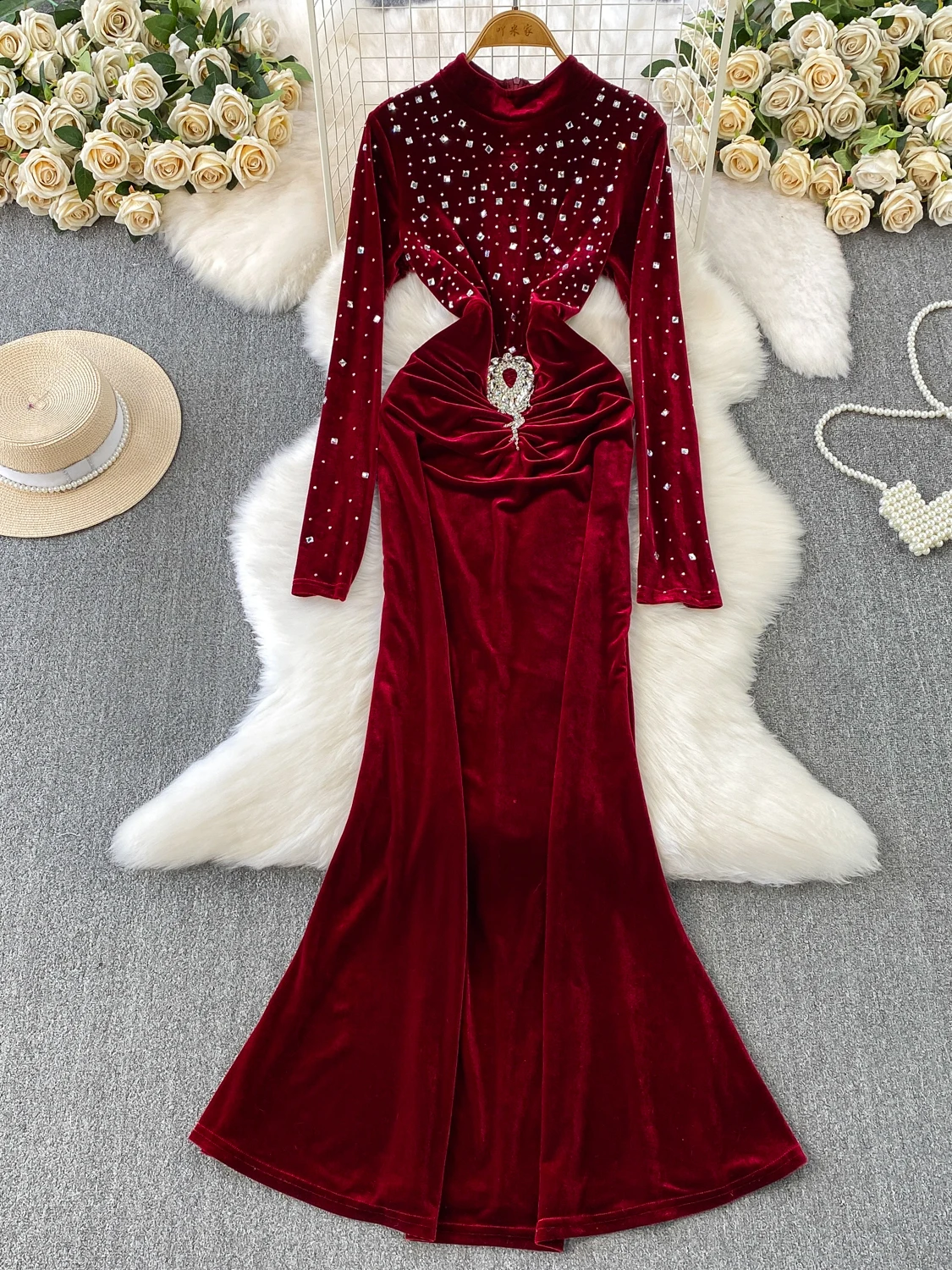 Ele diamant intégré velours rond Ne Dr femmes automne hiver taille haute Fi queue robe Sve Longevi Faionable