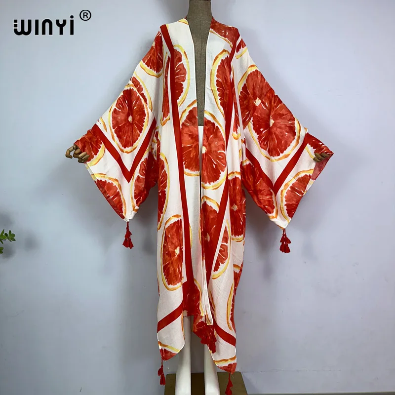 

WINYI Africa NEW Bohemia print Women tassels Cardigan Loose Long Dress Party Boho Maxi beach Holiday Swimming Cover Up Kimonos