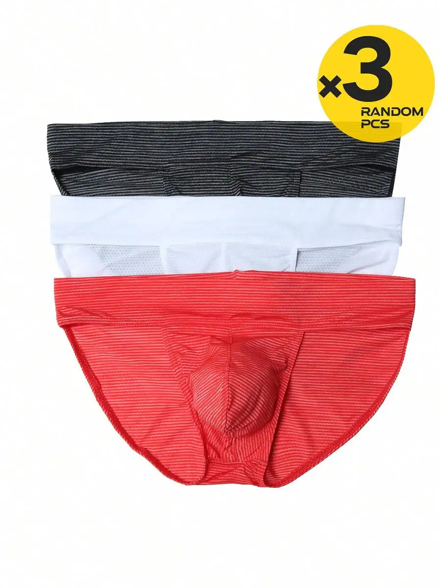 Mens Striped Triangle Briefs 3-Pack Breathable Elastic Low-Rise Underwear