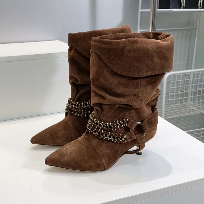 High Quality New Suede Cowhide Tassels Women Fashion Short Boots Pointed Toe High Heel  Women Genuine Leather Sole Ankle Boots