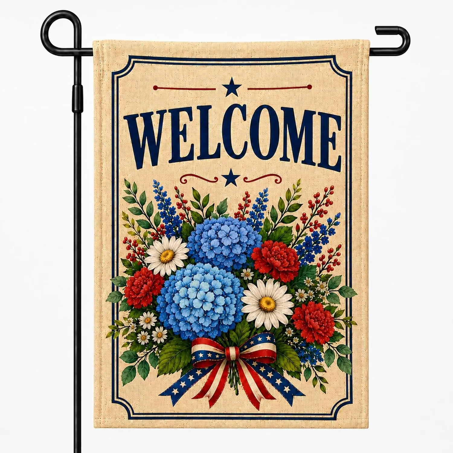 Patriotic Welcome Garden Flag 12x18 Inch Double Sided, Textured Floral Yard Flag for Outside, Red White Blue Americana Farmh uui
