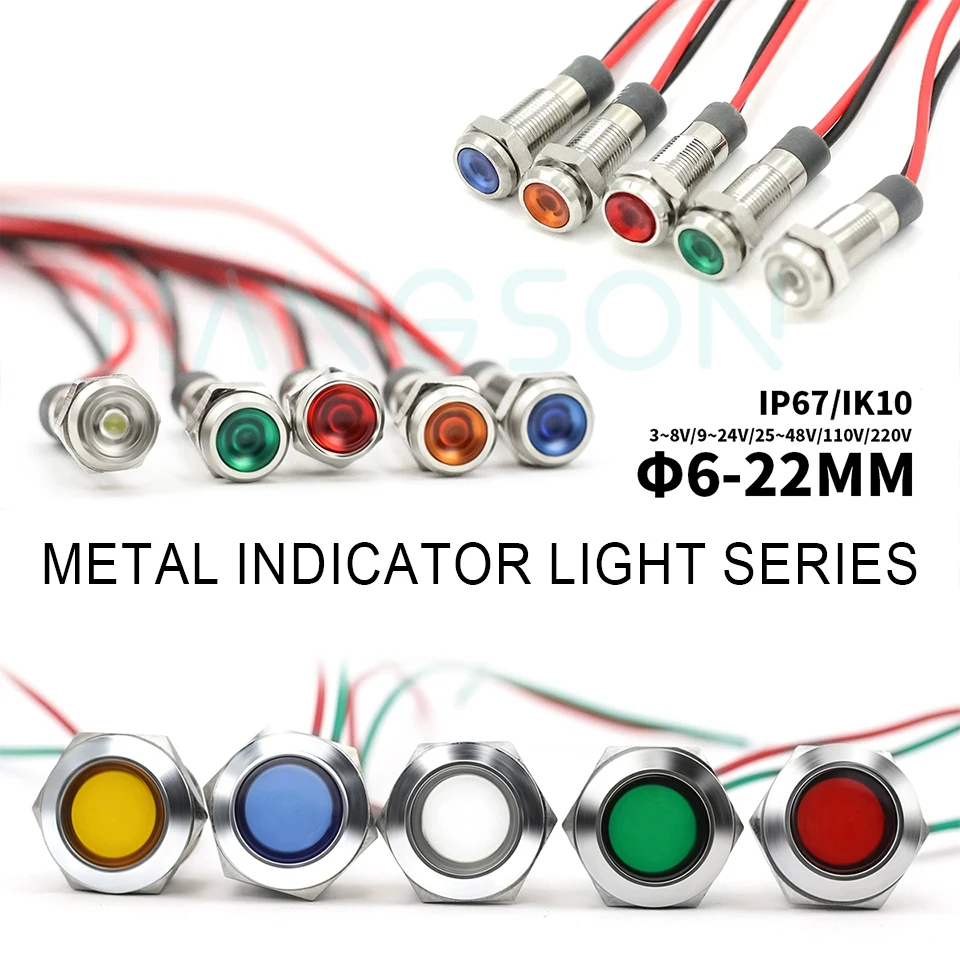 Luz indicadora de Metal de 6MM, lámpara de señal LED impermeable con cable de 12V, 24V, 110V, lámpara de tablero piloto para coche, barco, equipo de