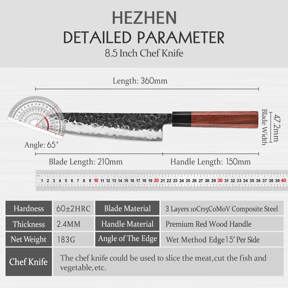 HEZHEN Retro Series Chef Knife Three-layer Composite Steel Stainless Steel Red Wood Handle Kitchen Cooking Knives