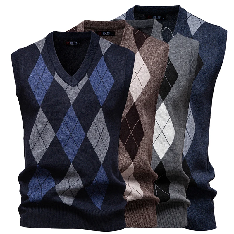 6 Colors Men's Sweater Vest Casual Sleeveless Knit Pullover V Neck Knit Fabric Business Casual Office Man Clothes