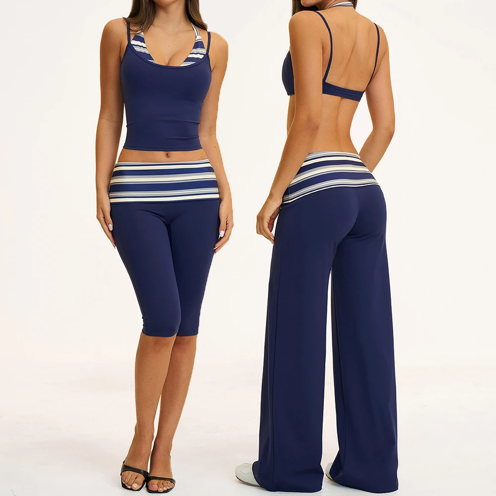 2PCS Stripes Fitness Suit Women's Tracksuits Polka Dot High Waist Workout Capri Pants Sports Set Female Yoga Sports Clothes