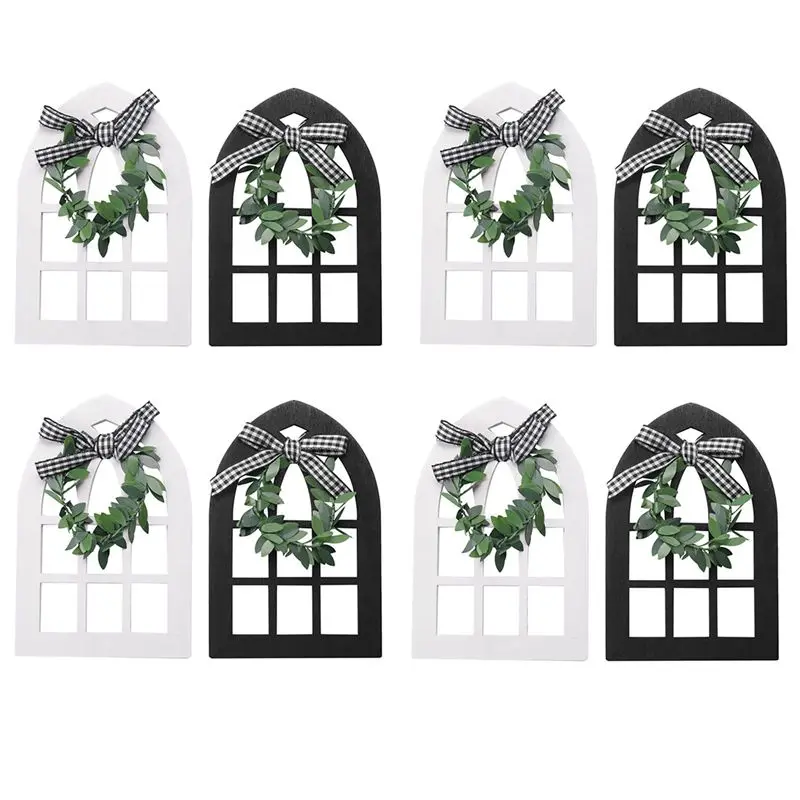 AA81-8Pcs Wooden Farmhouse Window Tiered Tray Decoration Plaid Rustic Farmhouse Decor Cathedral Arch Window Shelf Photo Prop