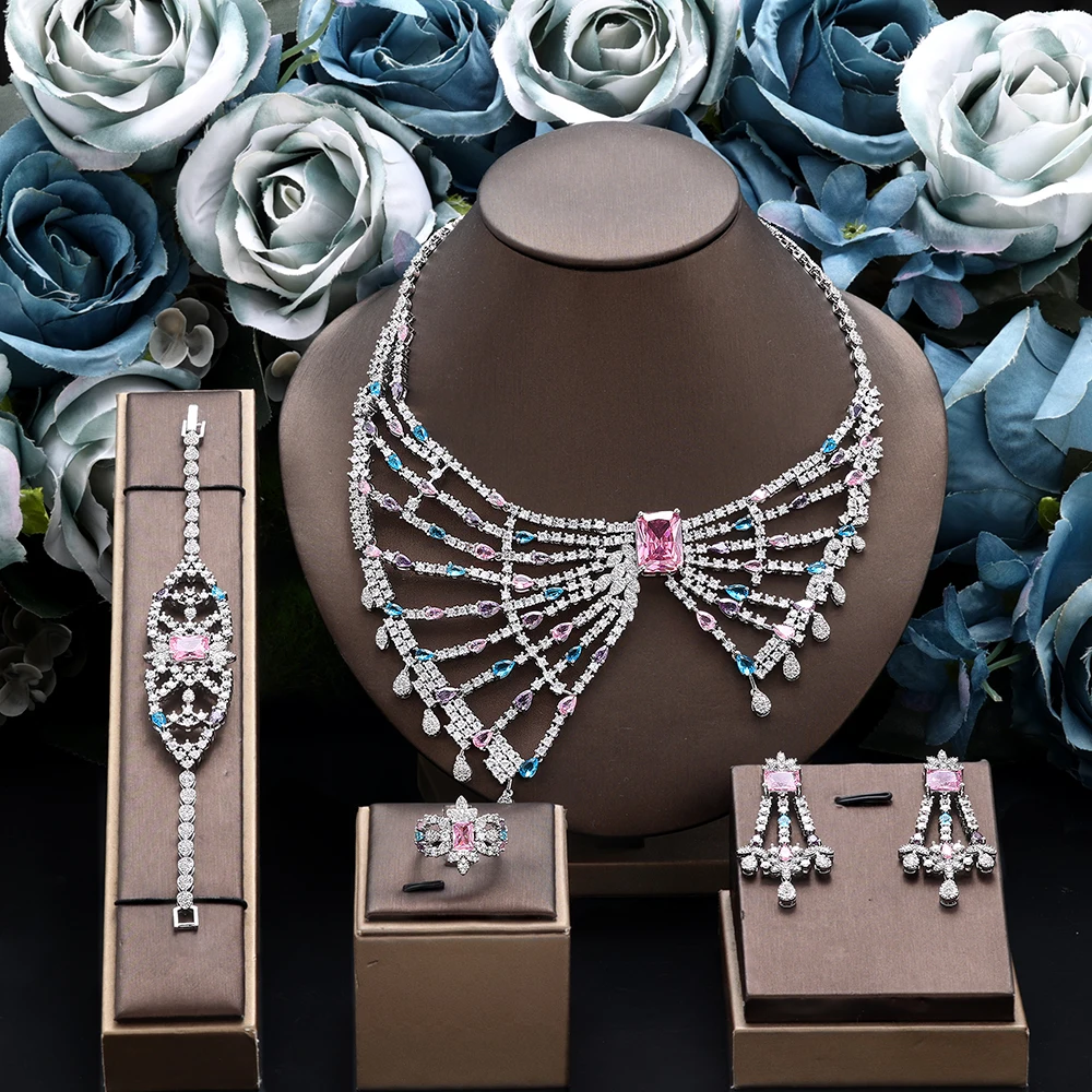 

Роскошный свадебный комплект ювелирных изделий в Дубае, нигерийский женский комплект с цирконием, капля воды, 4 шт., ожерелье, кольцо, серьги, аксессуары для невесты