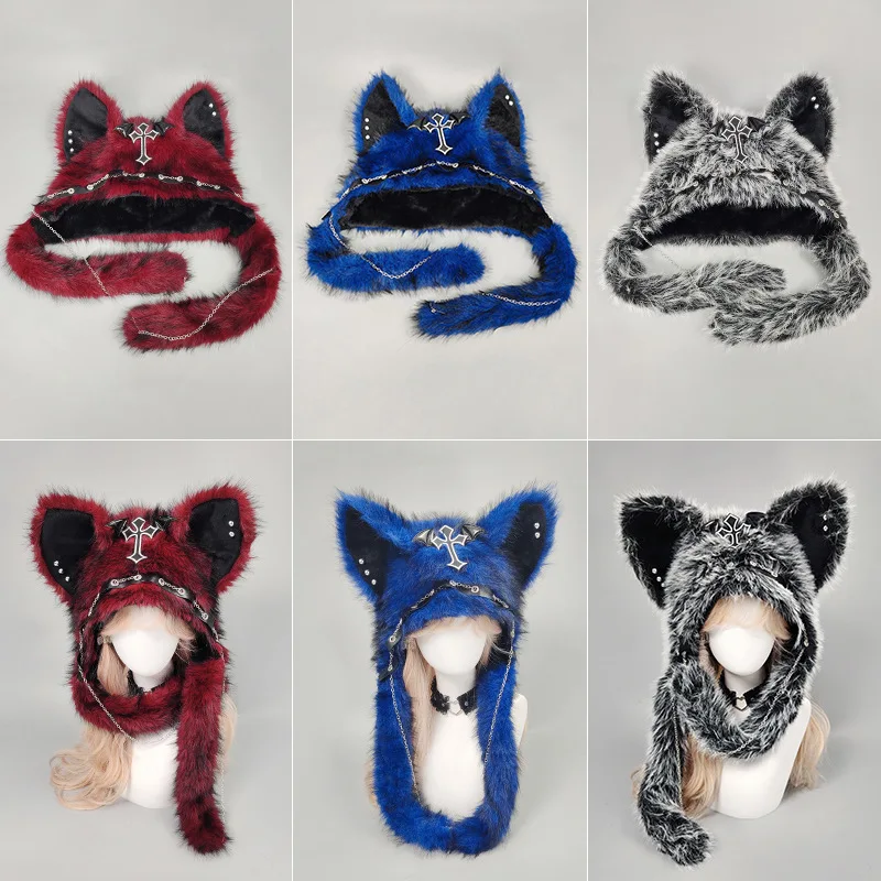 Gothic Punk Cat Ear Hat met kruisvleugelketting Decoratie Pluche warme wintermuts Alternatieve meisjes Y2K Rock Music Festival Party