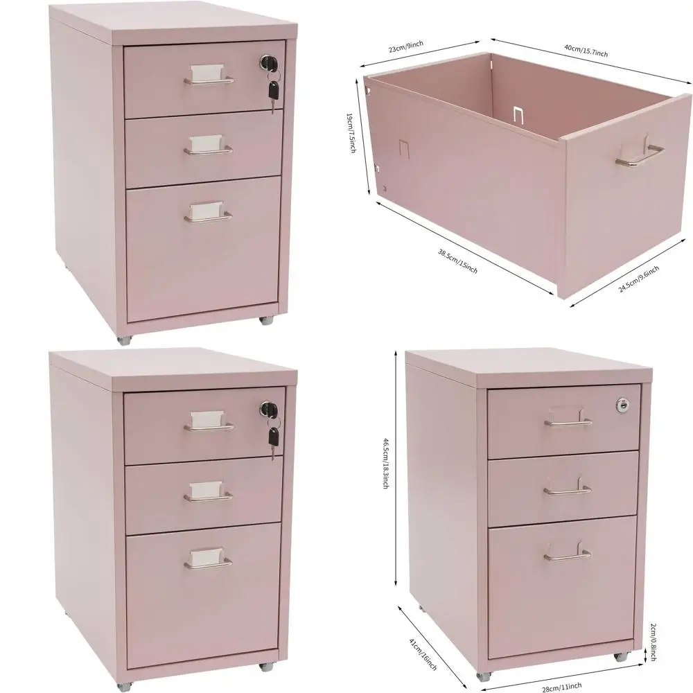 

Portable 3-Drawer Metal File Cabinet with Lock, Wheels, and Vertical Filing for Office, Home, Study (Pink)
