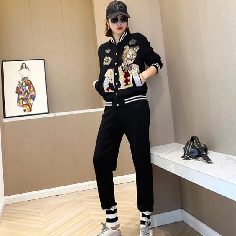 Women Spring Autumn Dog Embroidery Baseball Coat Contrast Color Beaded Bomber Jacket Single Breasted Cardigan Sports 2pcs Suit