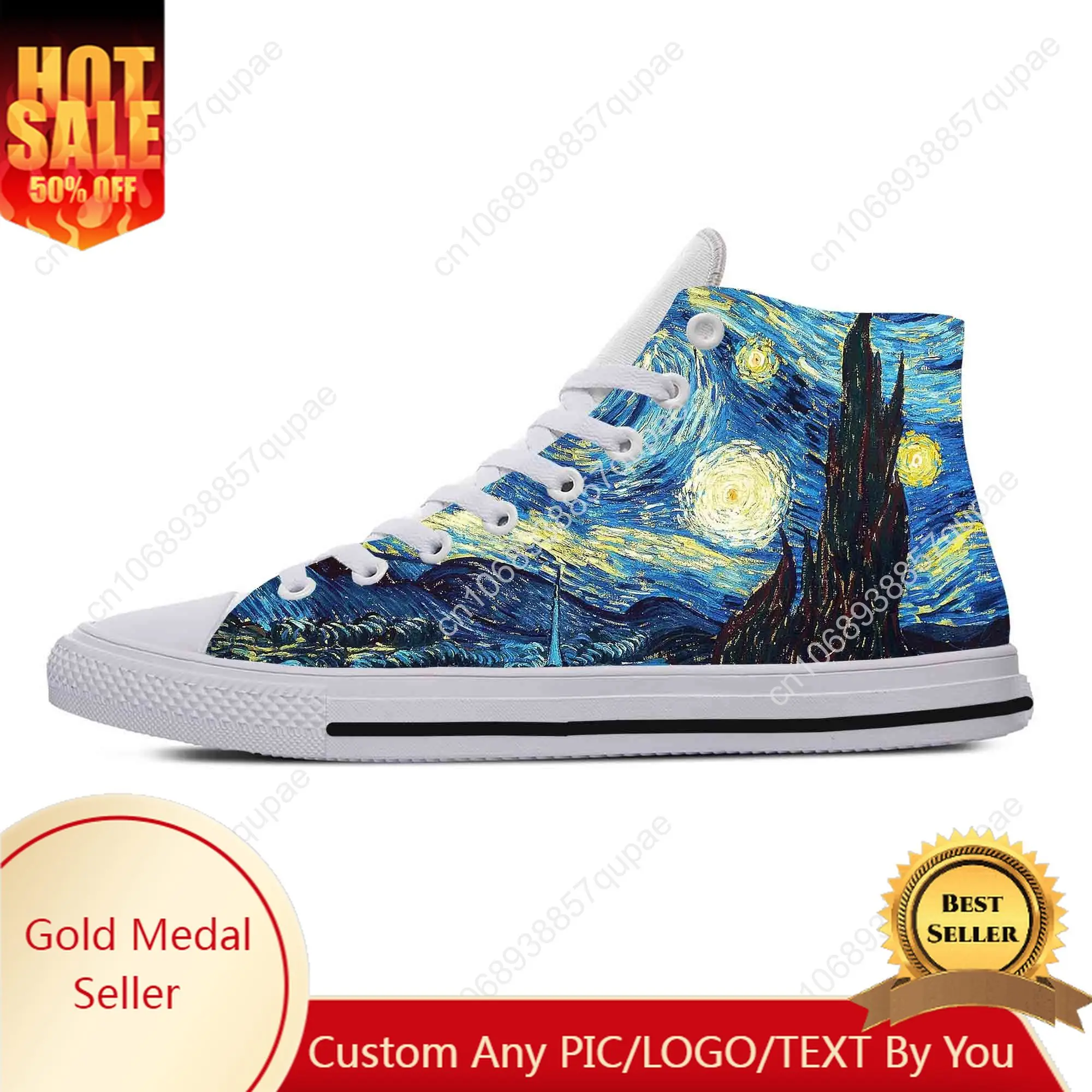 

Vincent Van Gogh Starry Night Oil Painting Funny Casual Cloth Shoes High Top Comfortable Breathable 3D Print Men Women Sneakers