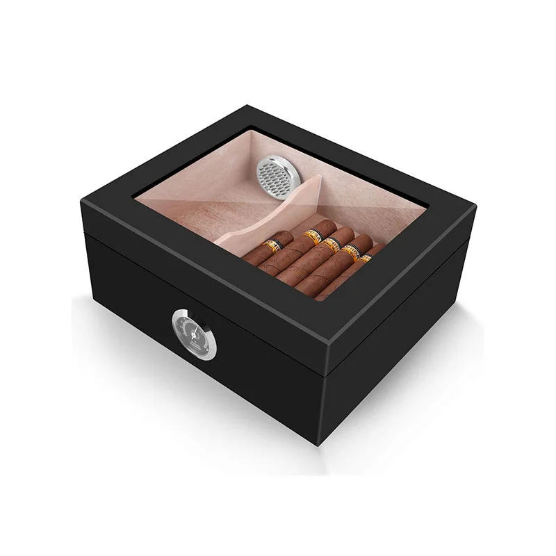 

Modern Luxury Black Large Capacity Cedar Wooden Humidor Lacquer Finish Glass Top Moisture-Proof Elegant Cigars Built-In