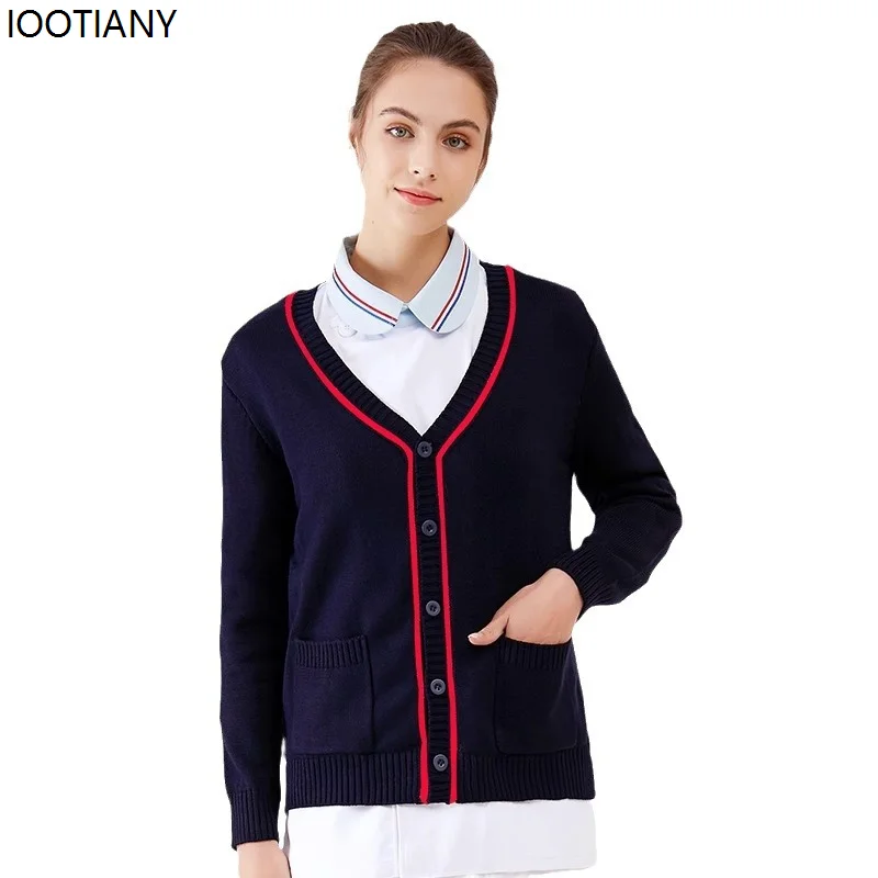 

Women Nurse V-neck Sweater Coats British Style Long-sleeved Knitted Cardigan Plus Velvet Thickened Hospital Medical Work Clothes