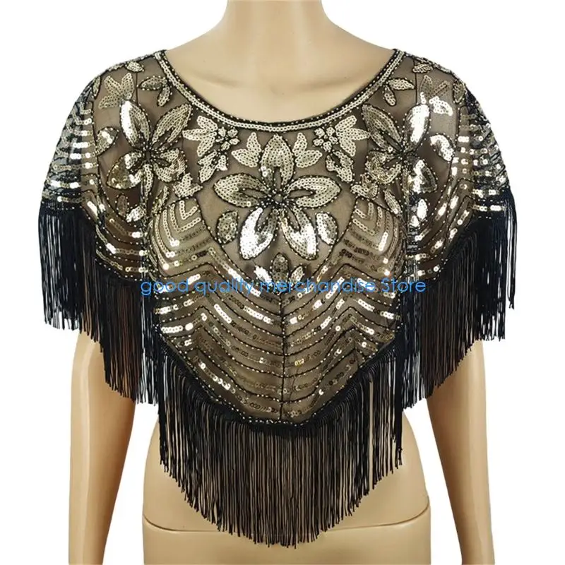 

Y5JD Embroidered Shawl Wrap with Sequined for Dress Outfit Beaded Fringed Shoulder Wrap Evening Capes for 20s Flapper Event