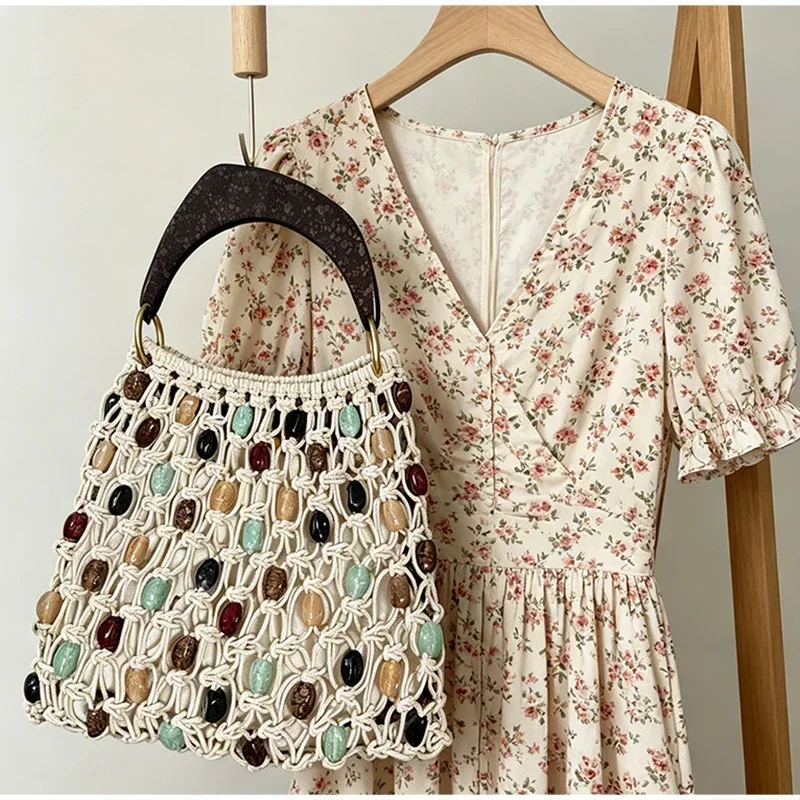 Vintage Handgefertigte Perlen-Handtasche Nischen-Designer Luxus Ausgehöhlte Bucket Bag Neue Sommer Damen Strand-Urlaubstasche – Detail 9