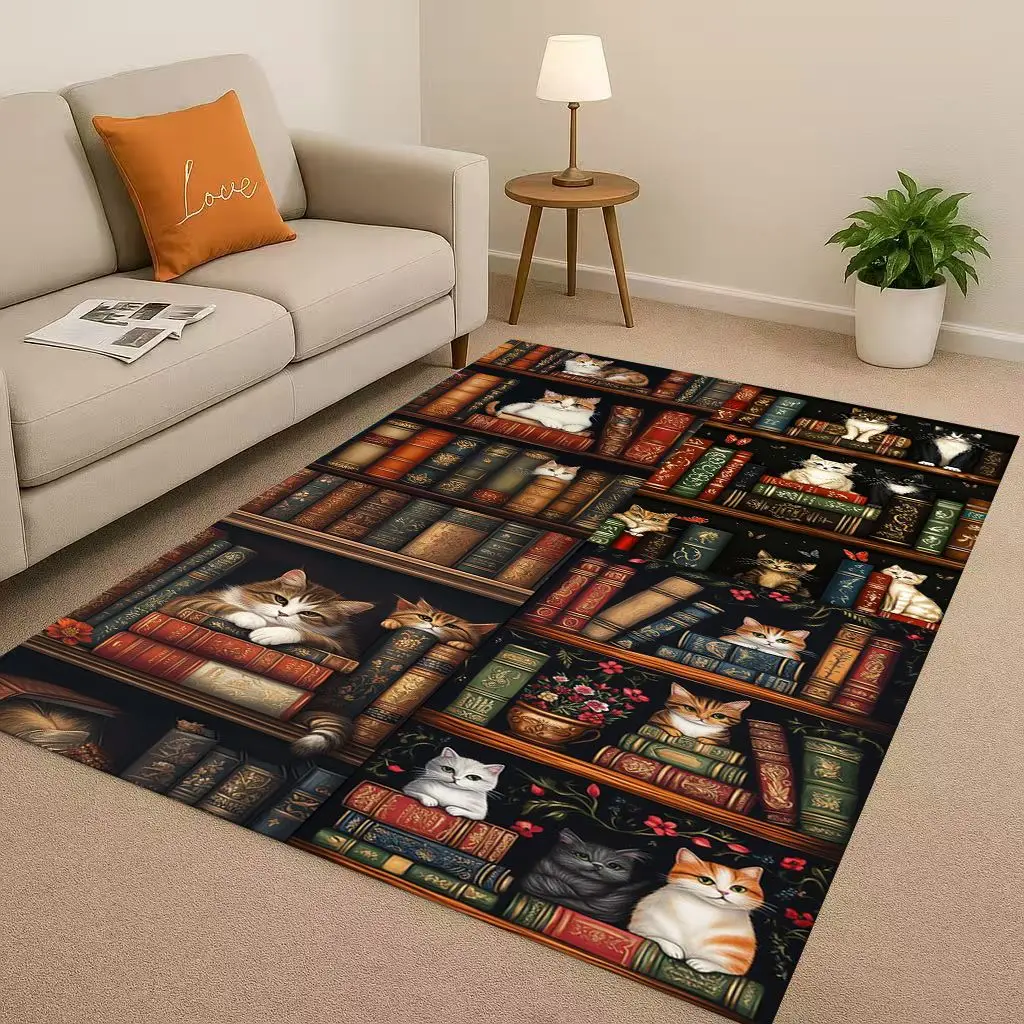 Retro Magic Book Library Bookshelf Living Room Non-Slip Area Rug Soft Carpet for Bedroom Sofa , Easy Clean Home Doormat Playmat