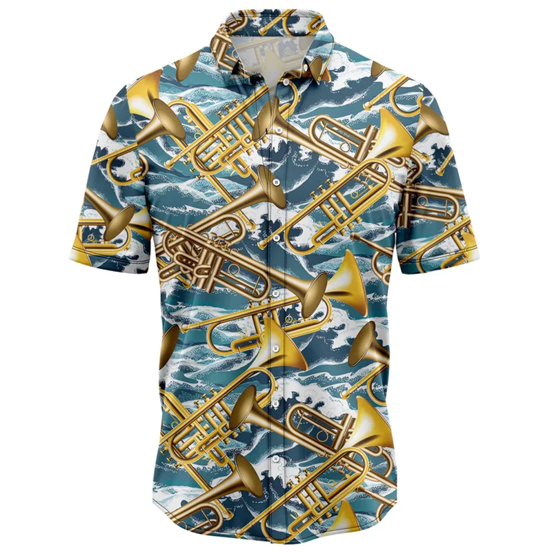 

Fashion Trumpet Pattern Hawaiian Shirts Summer Casual Holiday Vacation 3D Printed Shirt Loose Streetwear Lapel Button Blouses