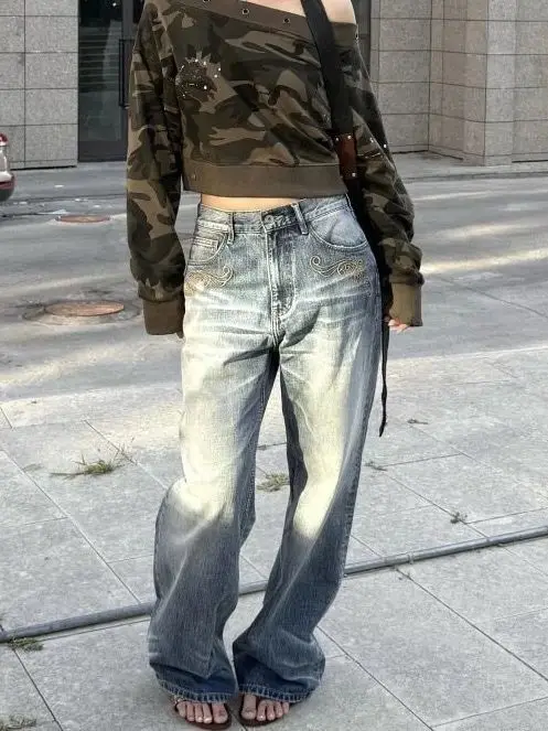 

Autumn Women's Low Rise Embroidery Denim Pants Vintage Simple Y2K Baggy Wide Fit Jeans Harajuku Cowboy Streetwear 90s Japanes