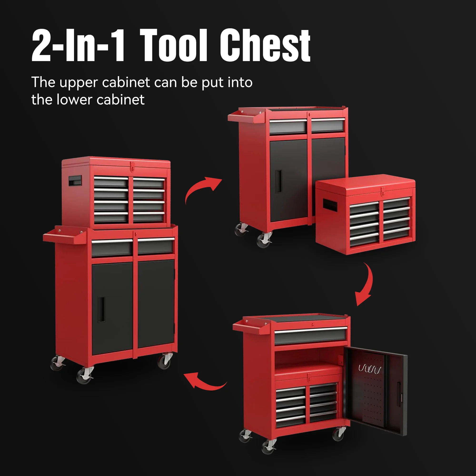 Tool Chest, 5-Drawer Rolling Tool Storage Cabinet with Detachable Top Tool Box, Liner, Universal Lockable Wheels, Adjustable She