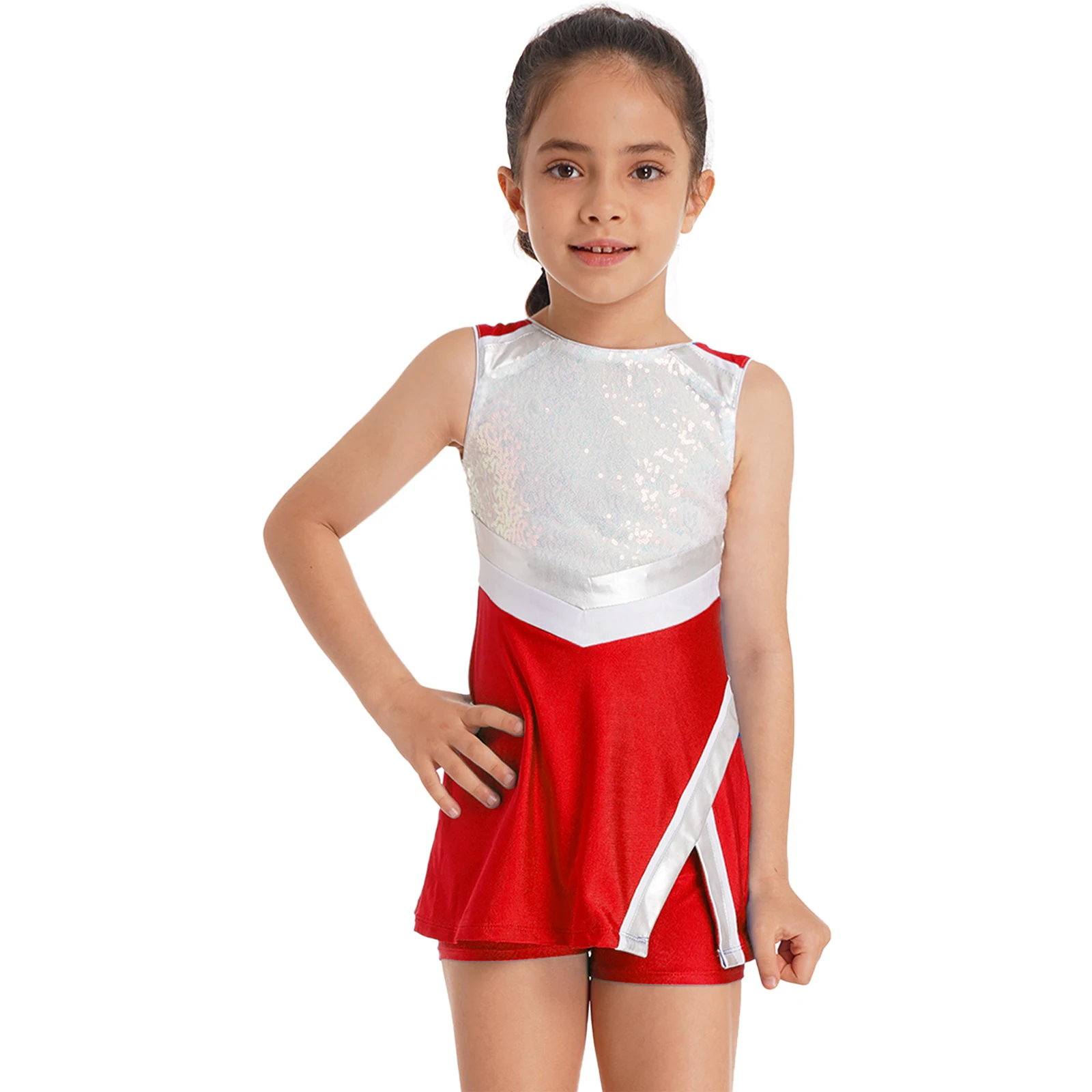 Uniforme de torcida sem mangas com lantejoulas brilhantes para crianças, vestido cosplay de dança com shorts, trajes cheerleader para menina