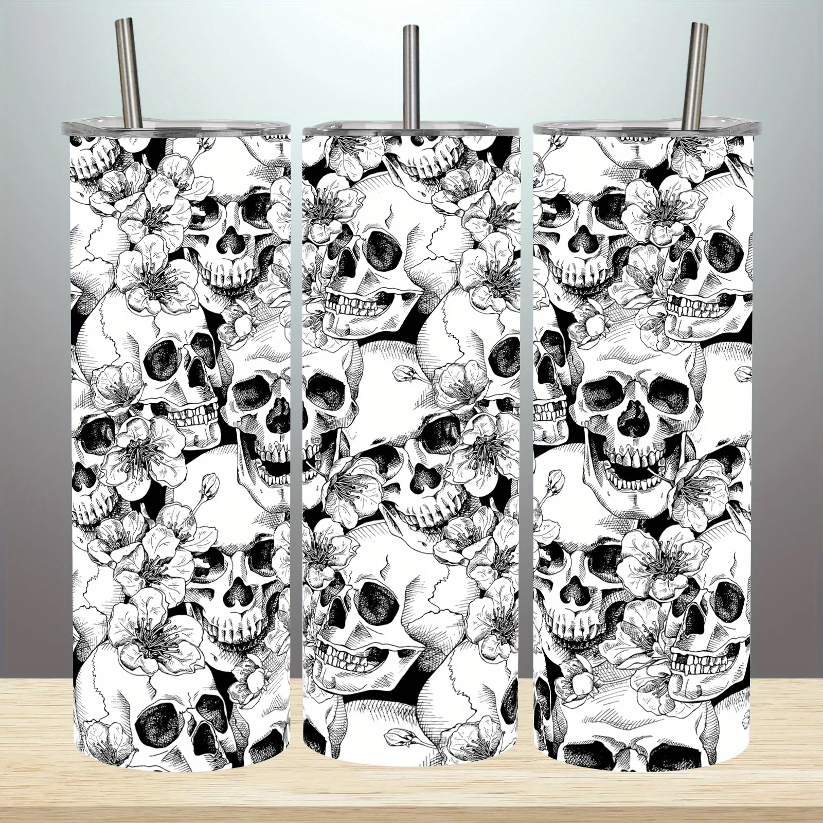 1pc Gothic Skull & Flower Tumbler with Leakproof Lid - 304 Stainless Steel Vacuum Travel Mug, for / Drinks, Gothic Horror Gift for /,, Office, Birthday & Christmas Gifts