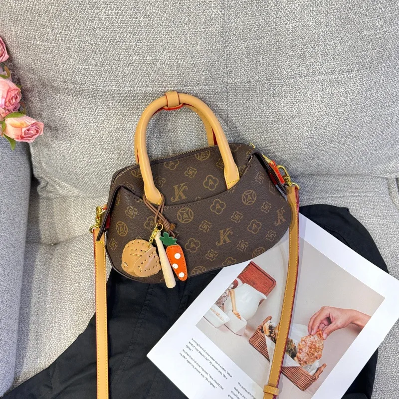 Women Vintage Monogram Dumpling Handbag, Retro Printed PU Leather Top Handle Crossbody Bag, Cute Carrot Charm Shoulder Bag, 3 Co