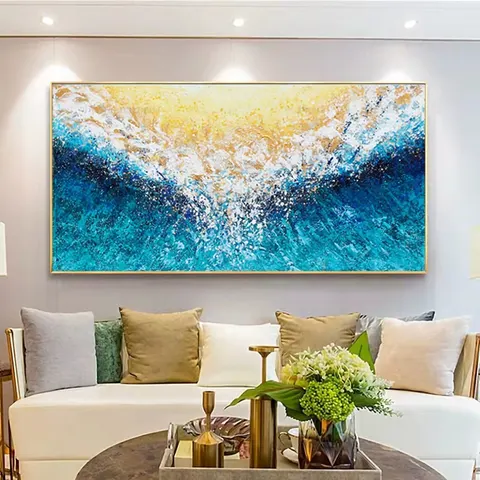 Pintura al óleo de paisaje de mar azul hecha a mano, arte de pared de paisaje marino texturizado de onda blanca abstracta, cuchillo pintado a mano, decoración del hogar Ca