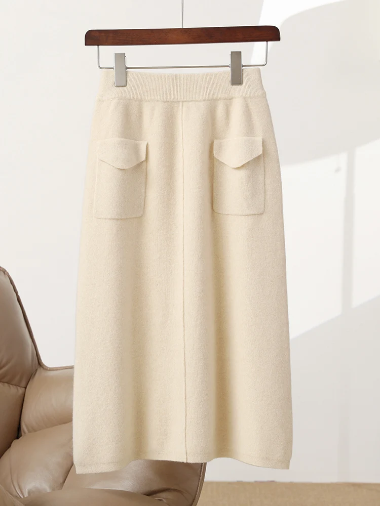 ANGEL Autumn Winter Women's Wool Pocket Skirts 100% Merino Wool Knitwear Office Lady Grace Fashion Skirt