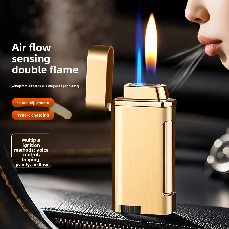 Voice Controlled Dual Fire Intelligent Airflow Sensing Night Light Windproof Direct Impact Blue Flame Open Flame Transformation