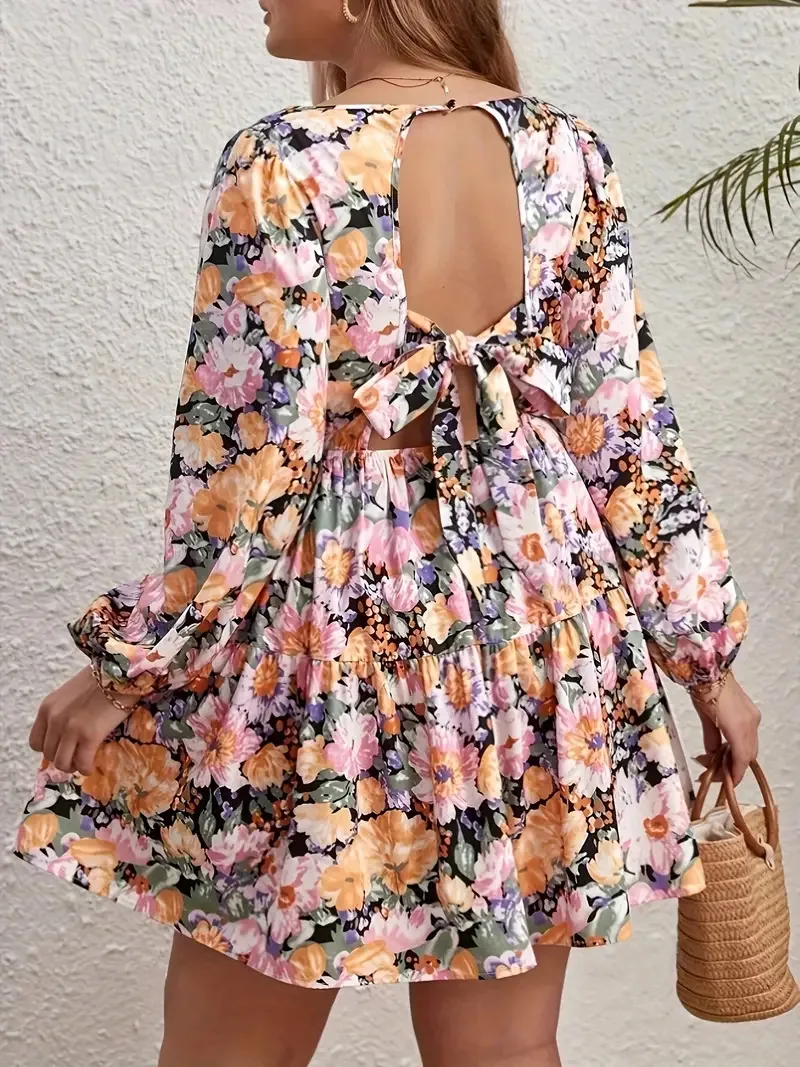 GIBSIE Plus Size Deep V-Neck Tie Backless Ruffle Hem Dress Women Autumn New Vacation Floral Print Big Swing Boho Mini Dresses