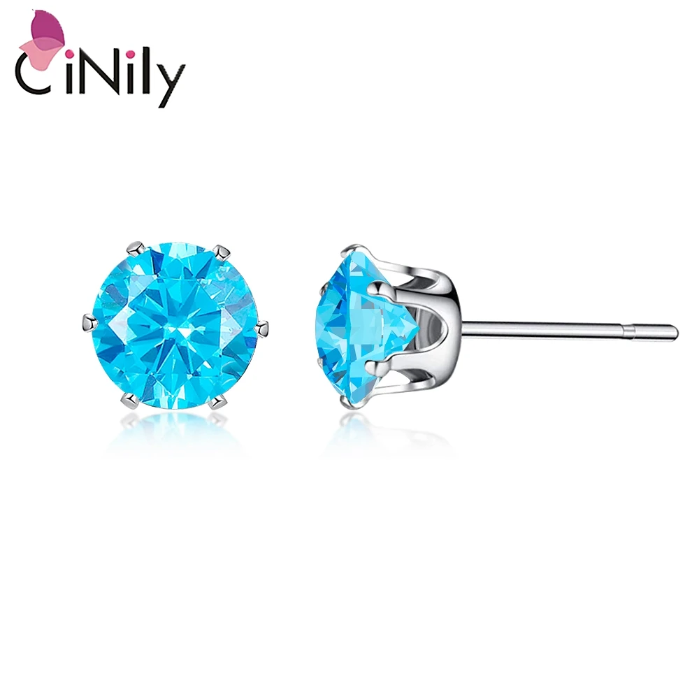 CiNily Colorful ​Stud Earrings With Round Stone Sliver Plated Fashion Jewelry for Women Girls Wedding Simple Small Stud Earrings