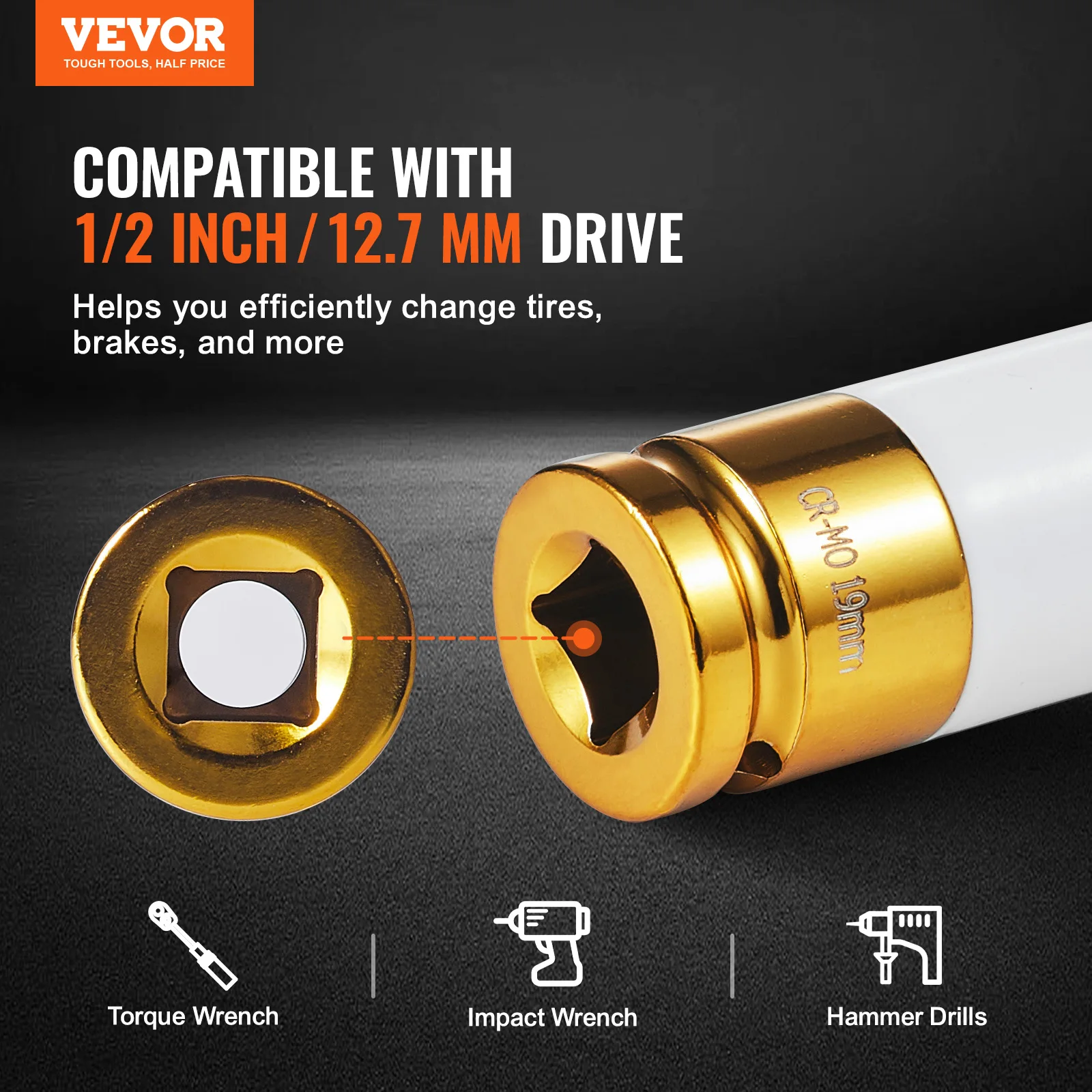 VEVOR Lug Nut Impact Socket Set 1/2 in Drive Metric SAE 6-Point Deep Socket Set 8 Total Lug Nut Sizes CR-MO Wheel Socket Set