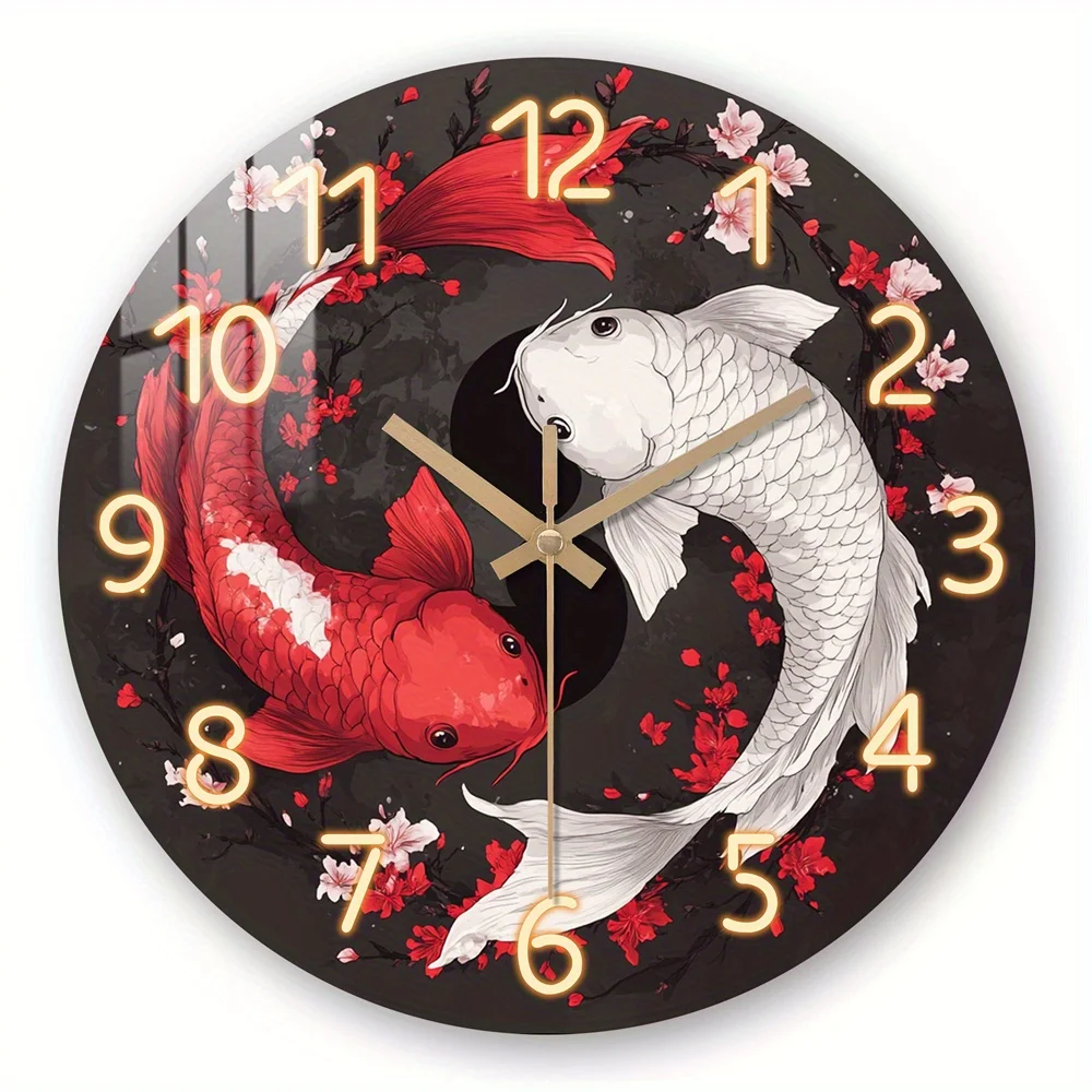 1pc Wooden Wall Clock/Fantasy Theme Two Koi Fish with Cherry Blossoms Pattern Tempered Film Veneer Silent Clock/Suitable for Living Room, Study Decoration/Lucky Gift for Festivals and Commemorative Events/AA Batteries Not Included